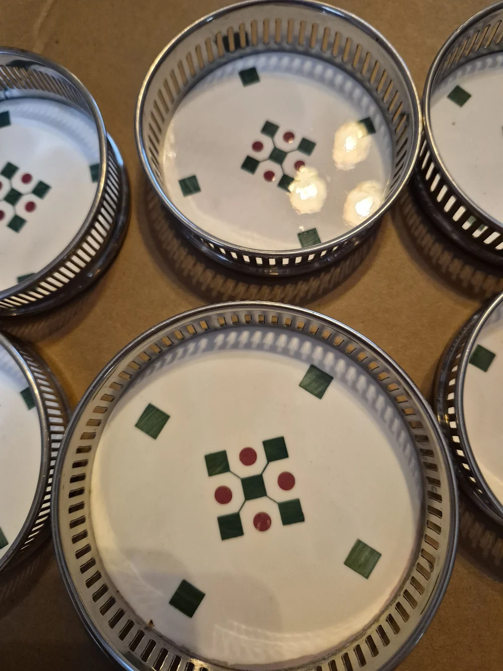 White Ceramic Coasters with Green and Red Inlay (Set of 6) From Silvers Brooklyn
